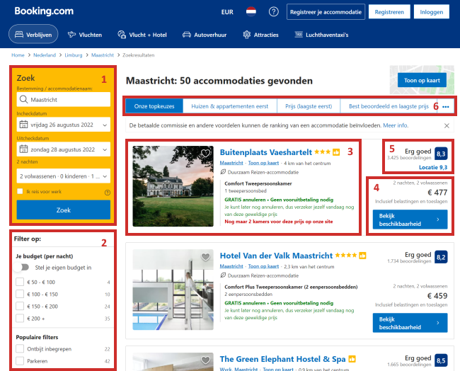 Booking.com - overzicht van treffers